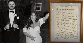 <p>A teacher found a unique and heartwarming way to include his students on his wedding day. The happy couple&#39;s involvement of the fourth-grade students in their special day will be something they will remember forever. Check out the sweet video to learn how the youngsters were included.</p>

<p>Every couple wants their wedding day to be a happy and joyous moment. After all, a wedding and the following reception are a celebration and recognition of two people finding one another, falling in love and vowing to remain together for the rest of their lives. There is arguably nothing more beautiful than that.</p>

<p>Understanding the importance and significance of a wedding and its day, every couple wants to add something special, their own twist. One couple, Thomas Randles and Halle Strieter, created the centerpieces for their wedding reception by having his fourth-grade students make them.</p>

<p><a href="https://www.youtube.com/watch?v=k0L4mKAUepI">In the video</a>, the couple explained that they asked the children to write answers to two questions: Why do people get married, and What is love? The kids&rsquo; answers, which Thomas did not help the children answer, were then framed and put on the tables.</p>

<p>Of course, the couple had their favorite. It was one that was so incredibly cute, simple but still very powerful.&nbsp;</p>

<p>&ldquo;The cutest one was &lsquo;What is Love?&rdquo; Thomas said.</p>

<p>&ldquo;&rsquo;When you see the person,&rsquo;&rdquo; Halle said.</p>

<p>&ldquo;Yes, &lsquo;When you see the person, and your heart races fast,&rdquo; Thomas added.</p>

<p>Later in the clip, the couple mentions that the student-created centerpieces were a big hit at their wedding. It was an incredibly fitting touch for their big day because there are many teachers in their families.</p>

<p>&ldquo;So, there were like so many teachers in the room,&rdquo; Halle said. &ldquo;So, everyone really enjoyed it. They were getting a kick out of it.&rdquo;</p>

<p><em><strong><a href="https://www.godtube.com/bible/james/3-1">James 3:1</a></strong> &ldquo;Do not all be teachers, my brothers, because we teachers will be judged more hardly than others.&rdquo;</em></p>
