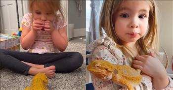 <p>A toddler&rsquo;s sweet friendship with a bearded dragon is beyond precious. The young lady has a deep and unique connection with a most unusual creature. Check out the video to see the deep and unique relationship the little girl has developed with a reptile.</p>

<p>Regarding pets, most people opt for either a dog or a cat. It&rsquo;s clear why that is the case, too. Those critters make for great companions and friends. They are some of the most loving, loyal and dependable creatures you&rsquo;ll ever encounter during your time on Earth.</p>

<p>Even though dogs and cats are great pets, they aren&rsquo;t for everyone. Others may want to go in a completely different and surprising direction when selecting their animal pal. That&rsquo;s exactly what one little girl has done. Instead of a dog or a cat, she has developed a deep bond with a reptile, a bearded dragon.</p>

<p>Vera, a 4-year-old girl, is best friends with and, as she puts it, the proud mamma to Strawberry. Strawberry is the bearded dragon she carries around like a baby and includes in everything she does.</p>

<p>The short but sweet and heartwarming <a href="https://www.youtube.com/shorts/bhLArA5eiU8">video posted on YouTube</a> even shows the child blowing the reptile a kiss.</p>

<p>&ldquo;I&rsquo;ll give her a blow kiss,&rdquo; Vera says. &ldquo;I think she catched it!&rdquo;</p>

<p>Later in the clip, Vera sweetly picks flowers for her reptile pal and even dresses up her buddy. Strawberry is spotted sporting a miniature hat while cruising around in a hot-pink convertible.</p>

<p>As for what Strawberry enjoys besides playing dress up and riding around in expensive vehicles, Vera has that covered.</p>

<p>&ldquo;She likes belly rubs and chin rubs and head scratches, and that&rsquo;s all the things she likes,&rdquo; Vera says.</p>

<p>This youngster is best buddies with a creature that would cause most people to run screaming in the other direction if they spotted it in the wild.</p>

<p><em><strong><a href="https://www.godtube.com/bible/proverbs/12-10">Proverbs 12:10</a></strong> &ldquo;An upright man has thought for the life of his beast, but the hearts of evildoers are cruel.&rdquo;</em></p>
