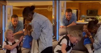 <p>Two grandparents&rsquo; overjoyed response to pregnancy news is everything. Their delightfully genuine happy and elated reactions are enough to bring a tear or two to your eyes. Watch the short video to see how grandma and grandpa acted when they learned another grandchild was on the way.</p>

<p>The Lord blesses and touches our lives in an endless string of ways, many of which we likely don&rsquo;t even realize. But when it comes to His blessings, is there anything better than a grandchild? Of course, all the grandparents reading this responded enthusiastically and emphatically, &ldquo;No!&rdquo;</p>

<p>For grandma and grandpa, grandchildren are the greatest thing in the world. Don&rsquo;t believe me? Watch a grandmother or a grandfather and see how they light up when their grandchild enters the room. For grandma and grandpa, everyone else in the room has essentially disappeared. It&rsquo;s sure to be one of the sweetest things you&rsquo;ll ever witness.</p>

<p>In a <a href="https://www.youtube.com/shorts/na31M3liryM">clip posted on social media</a>, a grandmother interacting with one of her grandchildren notices something odd. She picks up a subtle but telling message on her grandchild&rsquo;s shirt. Grandma then starts asking questions, wondering what it could all mean.</p>

<p>She is probably secretly thinking and hoping about whether she has another grandchild coming. She then asks the question.</p>

<p>&ldquo;Wait, is something happening?&rdquo; she asks her daughter-in-law.</p>

<p>When the grandmother&rsquo;s suspicions are finally confirmed that another baby is on the way, she quickly becomes overwhelmed with happiness.</p>

<p>Grandma begins shrieking with joy.</p>

<p>&ldquo;Oh my God!&rdquo; she says.</p>

<p>Then, it&rsquo;s all smiles and hugs as everyone embraces, showing how much joy children add to the world before they are even born.</p>

<p>Grandpa is also as happy as can be after hearing that he will soon have another little grandchild crawling and running around.</p>

<p>What an absolutely beautiful scene. That lucky child has a big, beautiful family waiting for him or her.</p>

<p><em><strong><a href="https://www.godtube.com/bible/proverbs/17-6">Proverbs 17:6</a></strong> &ldquo;Children&rsquo;s children are the crown of old men, and the glory of children is their fathers.&rdquo;</em></p>
