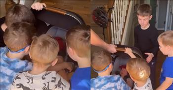 <p>The reaction of four brothers to their new baby sister melts hearts. It was love at first sight for all four of the little guys as they swarmed the newborn upon seeing her. Watch the short but precious and heartwarming video to see the moment that is too sweet to miss.</p>

<p>Siblings tend not to get along well, especially when they are children. Anything that can result in a disagreement inevitably will. Typically, these disagreements between child siblings involve loud, boisterous bouts of screaming, tears and even physical altercations. Unfortunately, parents of two or more children are more than familiar with how these disagreements usually play out.</p>

<p>Luckily for everyone involved, as children grow, these heated disagreements become less and less frequent. Instead of tears and shouting, there is more appreciation and love for one another. Most siblings slowly realize that the relationships and bonds between them are special and will last their entire lives. But until then, parents have to hold on and cherish moments when their children get along, even if it&rsquo;s momentary.</p>

<p><a href="https://www.youtube.com/shorts/FHS-kLuDXa0">A clip posted on social media</a> captured one of those special instances of siblings getting along, and it&rsquo;s likely one of the sweetest ones you&rsquo;ve ever seen. In the video, a newborn girl sits in a car seat and has just made it into the house. But seeing the child is challenging because her four brothers have swarmed her. They are all enamored with this new person, their little sister. It&rsquo;s love at first sight &ndash; pure joy and happiness at seeing her.</p>

<p>This video shows that these young men will not let harm befall her. Those four gentlemen will be her protectors, constantly looking out for her and helping her in any way they can. What an absolutely precious moment.</p>

<p><em><strong><a href="https://www.godtube.com/bible/1-john/3-17">1 John 3:17</a></strong> &ldquo;But if a man has this world&rsquo;s goods, and sees that his brother is in need, and keeps his heart shut against his brother, how is it possible for the love of God to be in him?&rdquo;</em></p>
