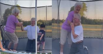 <p>A great-grandmother bounced into joy during her first-ever jumps on a trampoline. The woman clearly had the time of her life as she could not contain her laughter while hopping around on the bouncy surface. Watch the short but sweet video of the older woman having fun on a trampoline.</p>

<p>Staying active is one of the best ways to remain as healthy as possible. Unused muscles tend to deteriorate and atrophy, so getting up and moving around is always a good idea. That is one reason every medical professional stresses the importance of regular, daily exercise.</p>

<p>While exercise is not always the most fun thing in the world, it remains vitally important no matter your age or stage in life. The great thing about exercise is that it can and does take many different shapes and forms. Anything can be exercise; getting up, doing something, exerting energy and working your muscles is essential.</p>

<p>In a <a href="https://www.youtube.com/shorts/CRcm-Q4Rvyk">clip posted on YouTube</a>, one woman had an extraordinary time jumping on a trampoline. It was an activity that she had never done before. As the text in the video explains, the woman&rsquo;s great-grandson learned that she had never been on a trampoline and invited her to enjoy her first bounces with him. What a sweet gesture and a unique way for them to spend time together.</p>

<p>The little guy bounces around as his great-grandmother is helped onto the trampoline. Once on the trampoline, she carefully bounces up and down, slowly getting a feel for and taking in this new experience.&nbsp;</p>

<p>After a few moments, she seems to become a tad nervous and holds onto the man kneeling on the trampoline a little too hard, inadvertently gripping him around the neck.</p>

<p>Someone off the trampoline, behind the camera, comments on the great-grandmother&rsquo;s hand placement.</p>

<p>&ldquo;You&rsquo;re choking him,&rdquo; the man said.</p>

<p><em><strong><a href="https://www.godtube.com/bible/job/8-21">Job 8:21</a></strong> &ldquo;The time will come when your mouth will be full of laughing, and cries of joy will come from your lips.&rdquo;</em></p>
