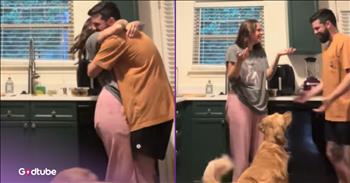 <p>A golden retriever has an odd but sweet response whenever its owners hug. The pup apparently loves when its owners show one another a little affection. Watch the short but adorable clip to see the surprising and precious way the animal responds when its owners hug.</p>

<p>Dogs are easily some of the best creatures on Earth. Yes, cats are warm, cuddly and terrific critters, too. However, even self-professed cat people will have to acknowledge that there is something special about dogs. After all, it&rsquo;s dogs that are referred to as man&rsquo;s best friend, not cats.</p>

<p>Canines love unconditionally and are loyal to a fault. Not only that, but most dogs are overjoyed, unable to contain their happiness every time you walk through the door. It does not matter if you&rsquo;ve been gone for five minutes, five days or five months; a dog will smother you with love and slobbery, wet kisses every time. Humans really do not deserve dogs. <a href="https://www.tiktok.com/@kaitlinstarkwrites/video/7532311207693307149">A clip posted on social media</a> shows how much one pup loves its owners, especially when they show one another some affection.</p>

<p>In the video, a man, a woman and their beautiful golden retriever are gathered in the kitchen. The dog is a big ball of energy, waiting to explode. As the young woman passes by the canine, it senses that something is about to happen. So, the animal keeps a close eye on the two individuals.</p>

<p>Once the dog notices they are about to hug, it begins furiously chasing its tail, hoping to capture that ever-elusive part of itself. Oddly, as soon as the man and woman stop hugging, the pup ceases chasing its tail.</p>

<p>To show that the animal&rsquo;s reaction was not a one-time occurrence, the couple hugs two more times, and each time the pup responds in the same manner by frantically chasing after its tail.</p>

<p>Why do some animals do what they do? There are some questions we may never know the answer to.</p>

<p><em><strong><a href="https://www.godtube.com/bible/genesis/1-21">Genesis 1:21</a></strong> &ldquo;And God created great whales, and every living creature that moves, which the waters brought forth abundantly, after their kind, and every winged fowl after his kind: and God saw that it was good.&rdquo;</em></p>
