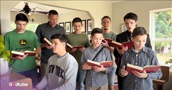 <p>This family&rsquo;s powerful &ldquo;What a Mighty God We Serve&rdquo; will lift your spirit. The performance is full of heartfelt passion and encouragement. Play the video to hear the family&rsquo;s wonderful harmony.&nbsp;</p>

<p>The Kuykendall family sounds incredible together as they sing from their hymnals. The hymn, &ldquo;What A Mighty God We Serve,&rdquo; is not very common, so it is very refreshing to hear. The family members shown in the video consist of seven brothers and their father. The oldest brother skillfully plays piano as the rest of the family sings along to the meaningful lyrics.</p>

<p>&ldquo;Our family grew up singing this hymn! We hope you are encouraged by the truths of this song,&rdquo; the family <a href="https://www.youtube.com/watch?v=jDI6DvREFz8">said</a>.</p>

<p>Some of the lyrics of &ldquo;What a Mighty God We Serve Are:&rdquo;&nbsp;</p>

<p>What a mighty God we serve!<br />
What a mighty God we serve!<br />
Reigning now above, on His throne of love,<br />
What a mighty God we serve!</p>

<p>As the family sings the lyrics with energy and enthusiasm, it&rsquo;s clear that they experience much joy and faith and enjoy sharing that through their music. Due to their ages, the range of their voices is varied, giving the song a wonderful effect as they harmonize. The family&rsquo;s smiles and expressions show how meaningful this hymn is to them. It&rsquo;s not just a performance. It&rsquo;s a heartfelt offering of worship to our father in heaven, and he is surely honored by this family&rsquo;s praise.&nbsp;</p>

<p>This beautiful song is a wonderful reminder that we serve a loving God. We don&rsquo;t fight our battles alone.&nbsp;</p>

<p><em>&ldquo;For to us a child is born, to us a son is given: and the government shall be on his shoulder: and his name shall be called Wonderful, Counselor, The mighty God, The everlasting Father, The Prince of Peace.&rdquo; <strong><a href="https://www.godtube.com/bible/isaiah/9-6">Isaiah 9:6</a></strong></em></p>
