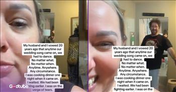 <p>A couple&rsquo;s wedding song started playing, and what happened next will bring you to tears. It will be a tall task for anyone to stop themselves from shedding a tear or two due to what occurred moments after this particular tune began. Watch the short but tear-jerking clip to see what happened that will cause you to reach for a tissue.</p>

<p>As has been said many times before, marriage is not easy. It&rsquo;s a relationship between two flawed individuals with different thoughts and opinions on various topics. Sure, the husband and wife more than likely agree on the significant, most important things in life, but won&rsquo;t see eye-to-eye on everything. Anyone who is or has ever been married understands that this can and often does lead to some pretty heated arguments.</p>

<p>Sometimes these arguments can get pretty loud. The outcome, of course, is usually that the husband has to spend the night on the couch, reflecting on where and how he was wrong and how he can do better next time. Anyone married knows this to be true as well.</p>

<p>In a <a href="https://www.tiktok.com/@queenspell/video/7589833473158876430">clip posted on social media</a>, a woman in her kitchen records herself looking at the camera while &ldquo;(I&rsquo;ve Had) The Time of My Life&rdquo; plays. While this in itself is nothing special, viewers will have to read the large amount of text on the screen.</p>

<p>The text explains that &ldquo;(I&rsquo;ve Had) The Time of My Life&rdquo; is her and her husband&rsquo;s wedding song, and they promised one another &ldquo;20 years ago that anytime our wedding song came on, we had to dance.&rdquo; &nbsp;She adds that they agreed to dance together regardless of what was going on at the moment. They had to drop everything and dance together.</p>

<p>Moments later, her husband appears in the kitchen, ready to dance with his wife to their wedding song. However, what makes this video likely to bring a tear or two to your eyes is that they had recently been arguing, but he held onto and upheld the promise he made to his wife despite their fight.</p>

<p><em><strong><a href="https://www.godtube.com/bible/genesis/2-24">Genesis 2:24</a></strong> &ldquo;For this cause will a man go away from his father and his mother and be joined to his wife; and they will be one flesh.&rdquo;</em></p>
