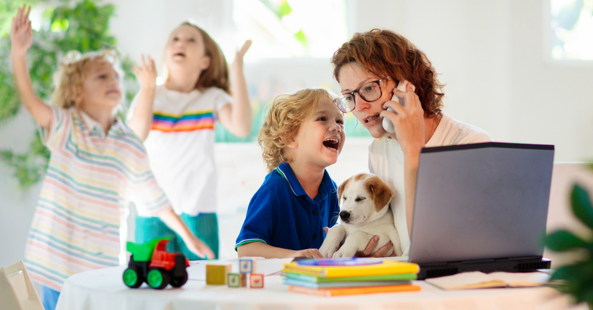 homeschooling mom and kids stress laptop