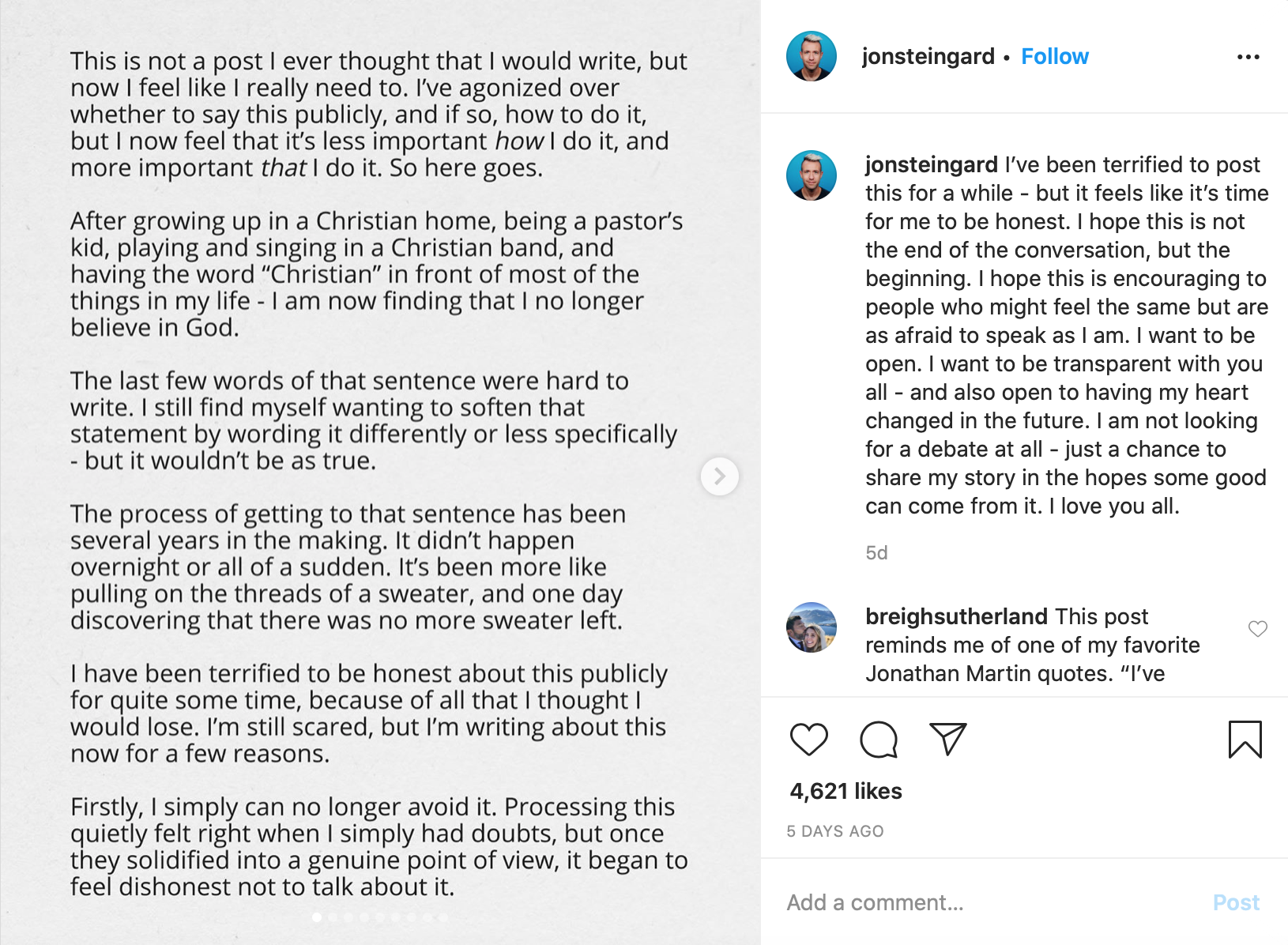 Jon Steingard instagram post, Steingard says he no longer believes in God