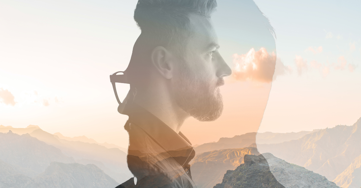 double exposure man wondering mountainscape what goes around comes around
