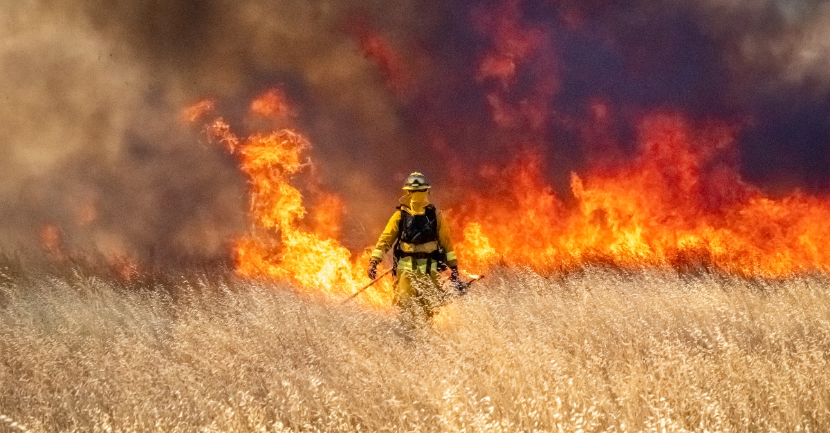 fire fighter standing in front of flames in grassy field, prayer for california fires
