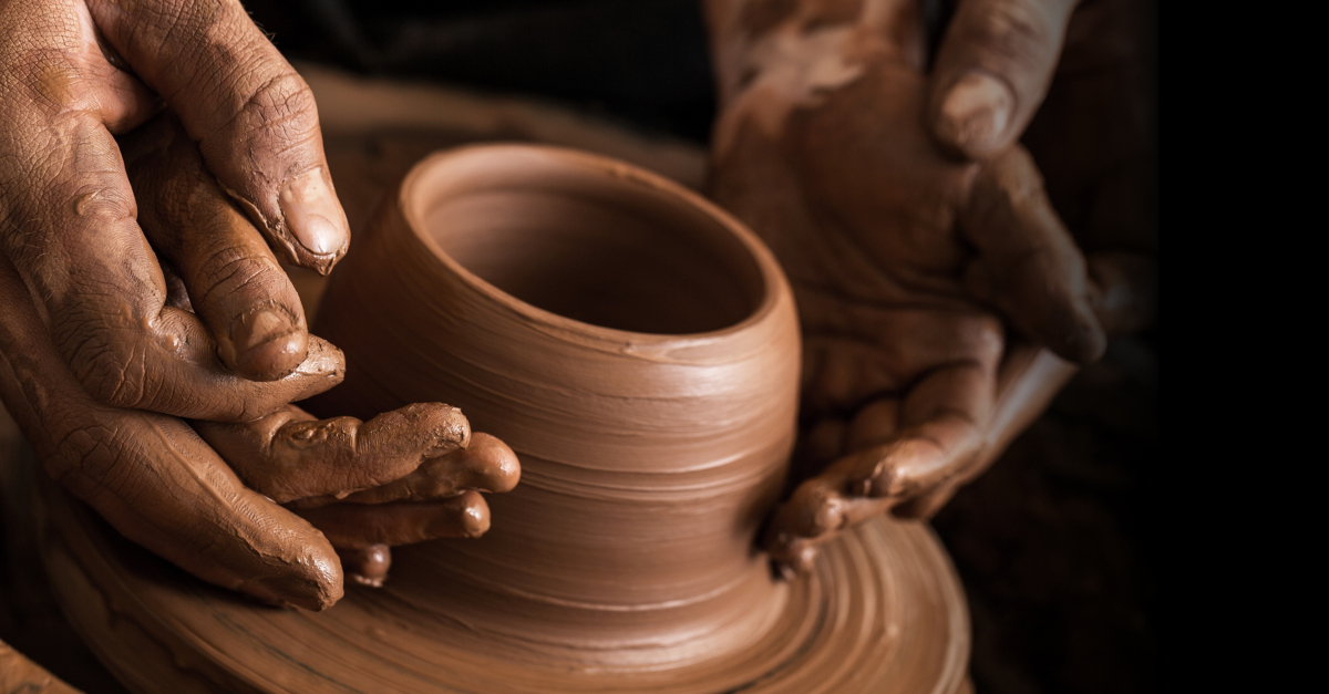two sets hands throwing clay pot on pottery wheel