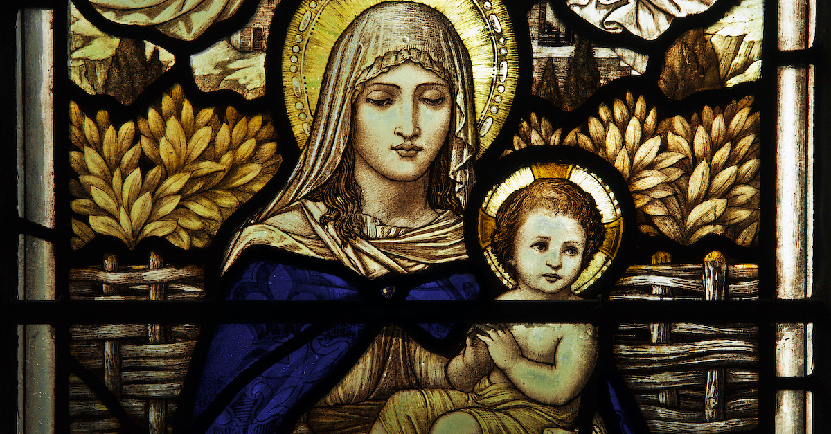 stained glass window of Mary and Jesus, virgin birth