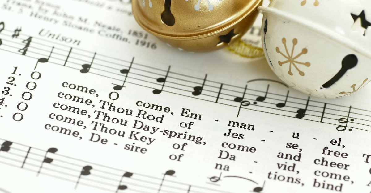Christmas sheet music for o come o come emmanuel with jingle bells, advent hymns