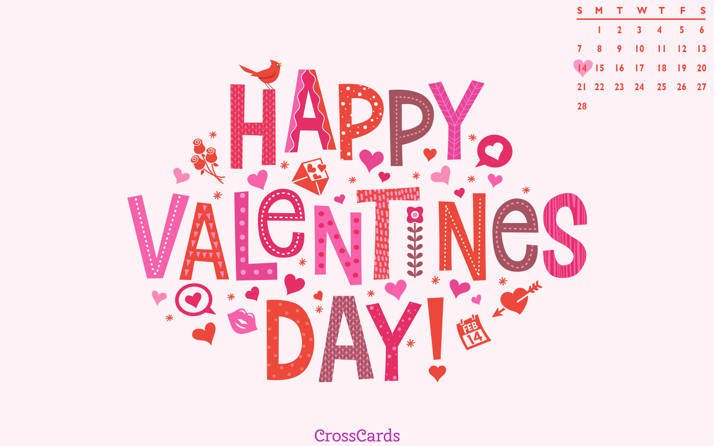 February 2021 - Valentine's Day Desktop Calendar- Free February Wallpaper
