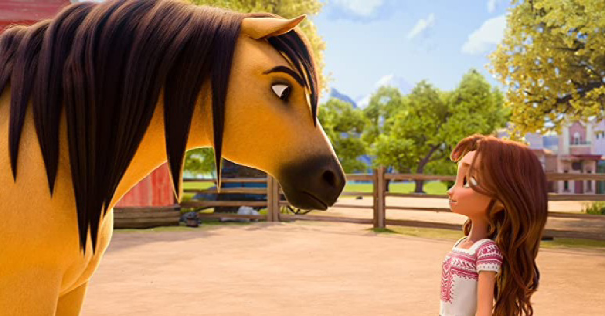 An animated girl and horse in Spirit Untamed