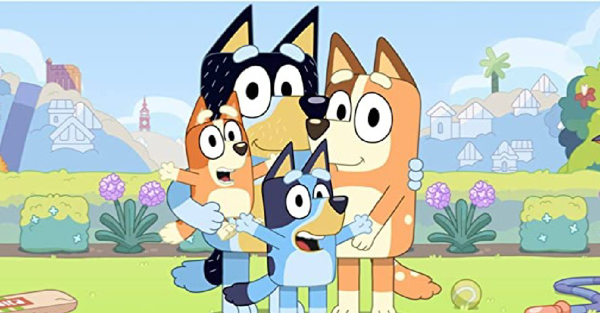A family of animated dogs, Bluey