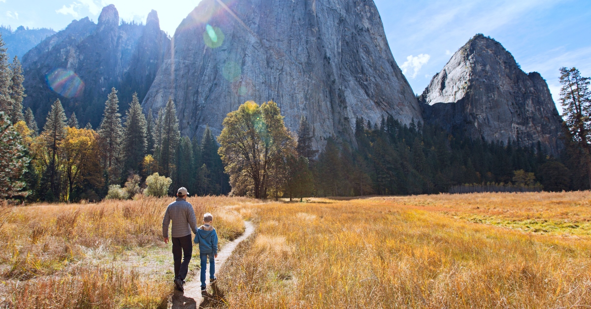 Dad and son walking together outside