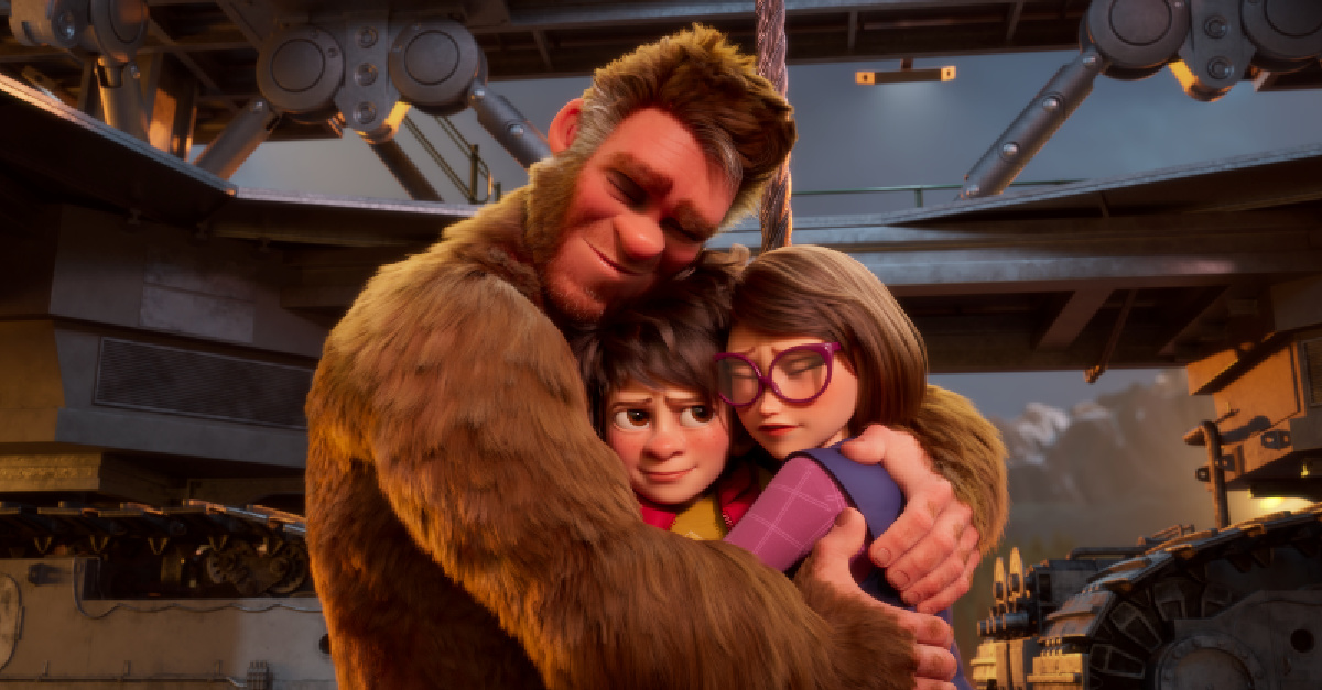 A man in a Bigfoot suit hugging his family