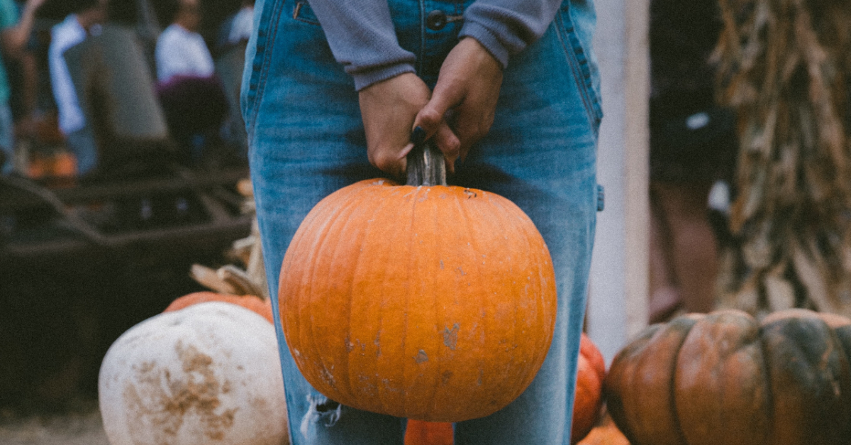 girl holding pumpkin in pumpkin patch