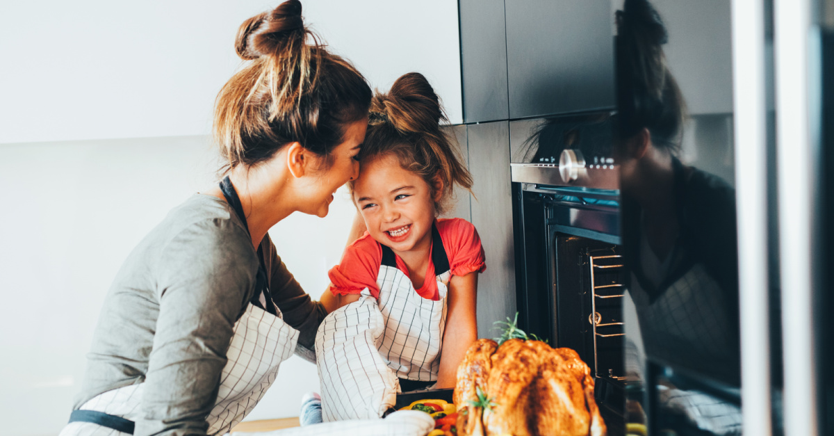 Mom and daughter making a Thanksgiving turkey together