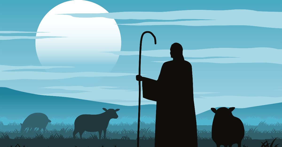 Silhouette illustration of a shepherd with his sheep