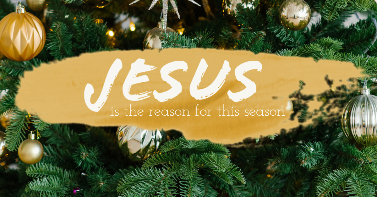 Close up image of a decorated Christmas Tree with text saying Jesus is the Reason for the Season