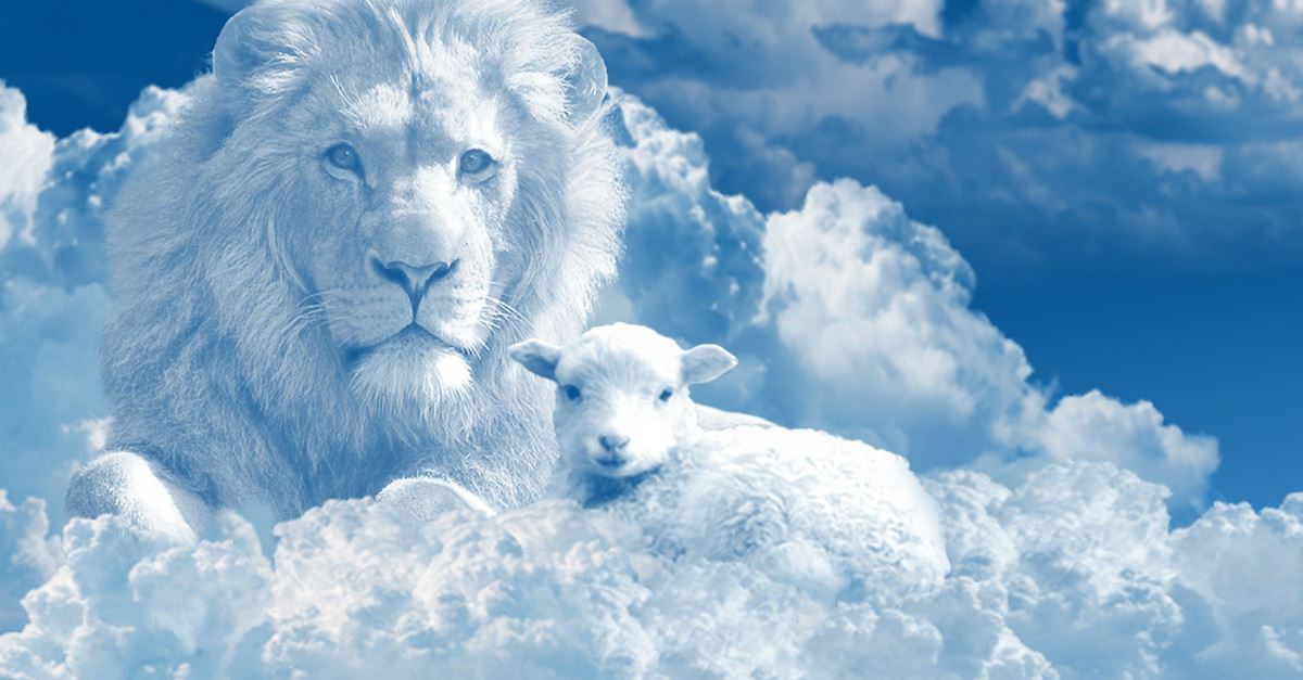 lion and lamb in the clouds, worthy is the lamb easter bible