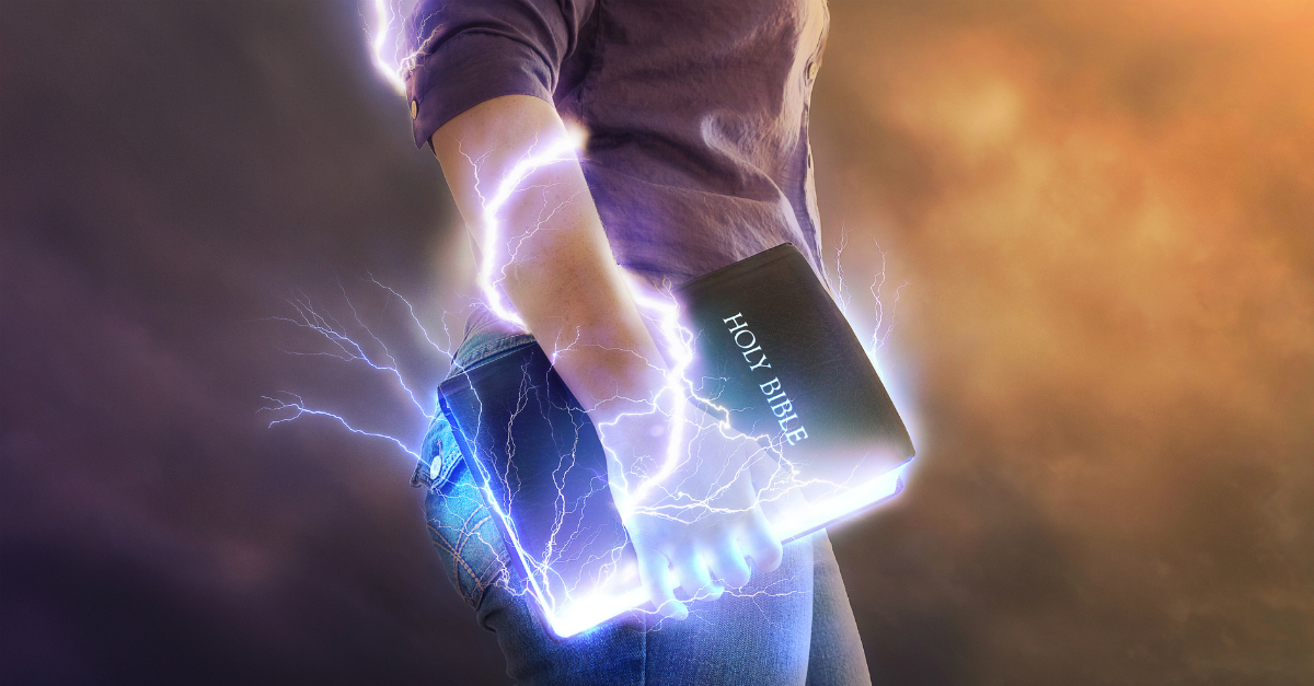 man holding electrified Bible to signify with great power comes great responsibility, Luke 12:48