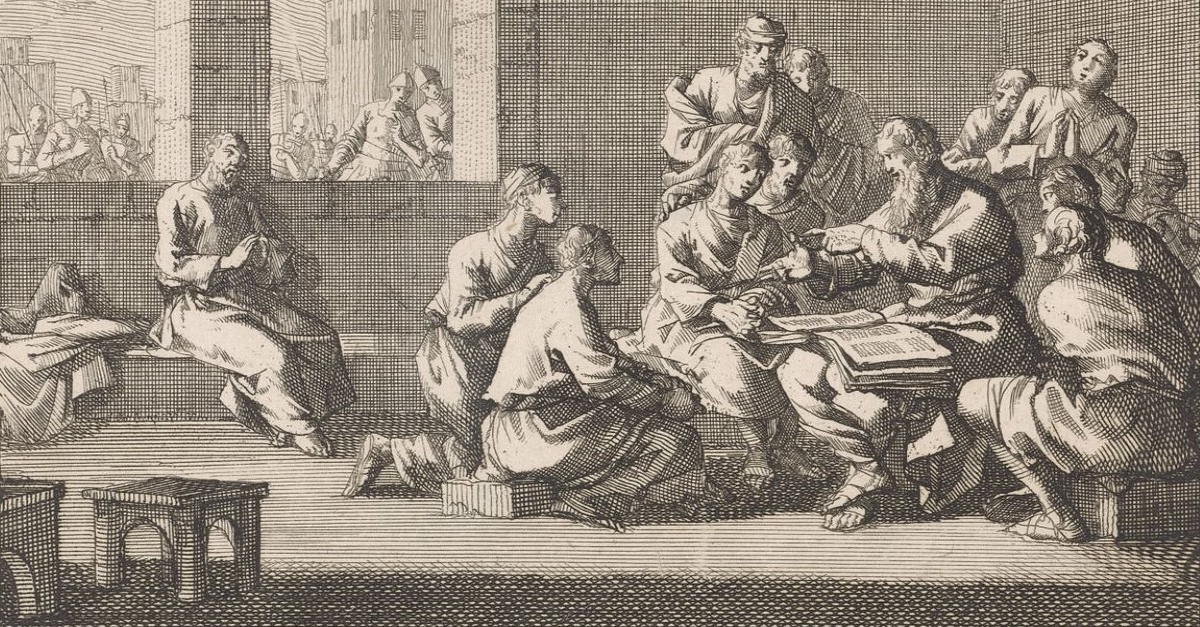 Origen and his students 18th-century etching by Jan Luyken