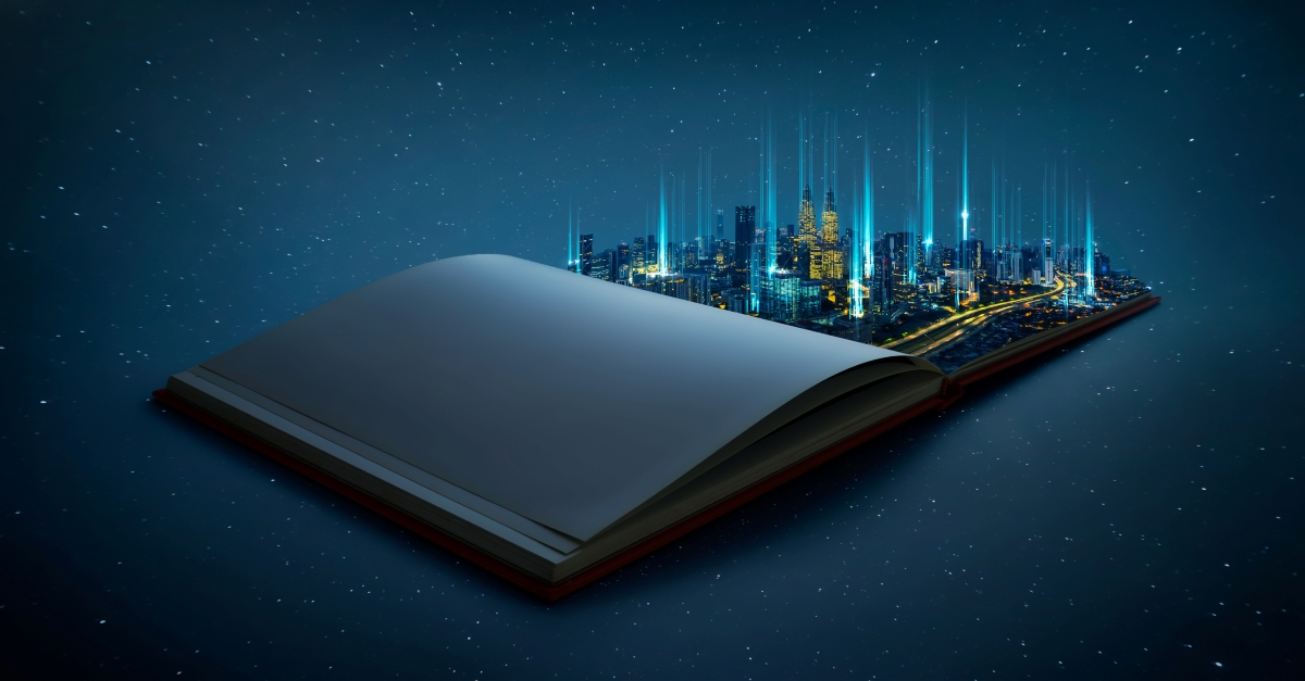 modern city skyline in open book