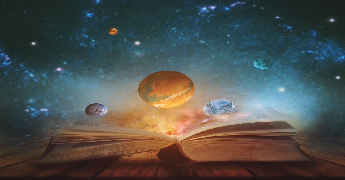 open book with planets and galaxies coming out of pages, sci-fi books