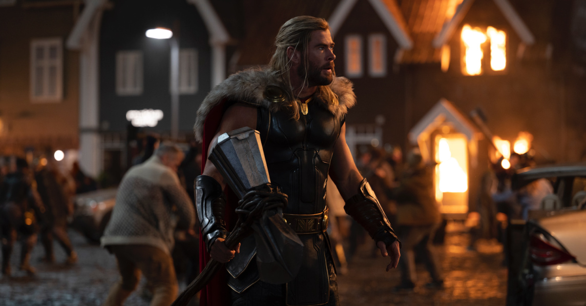 Thor in a village in Thor: Love and Thunder
