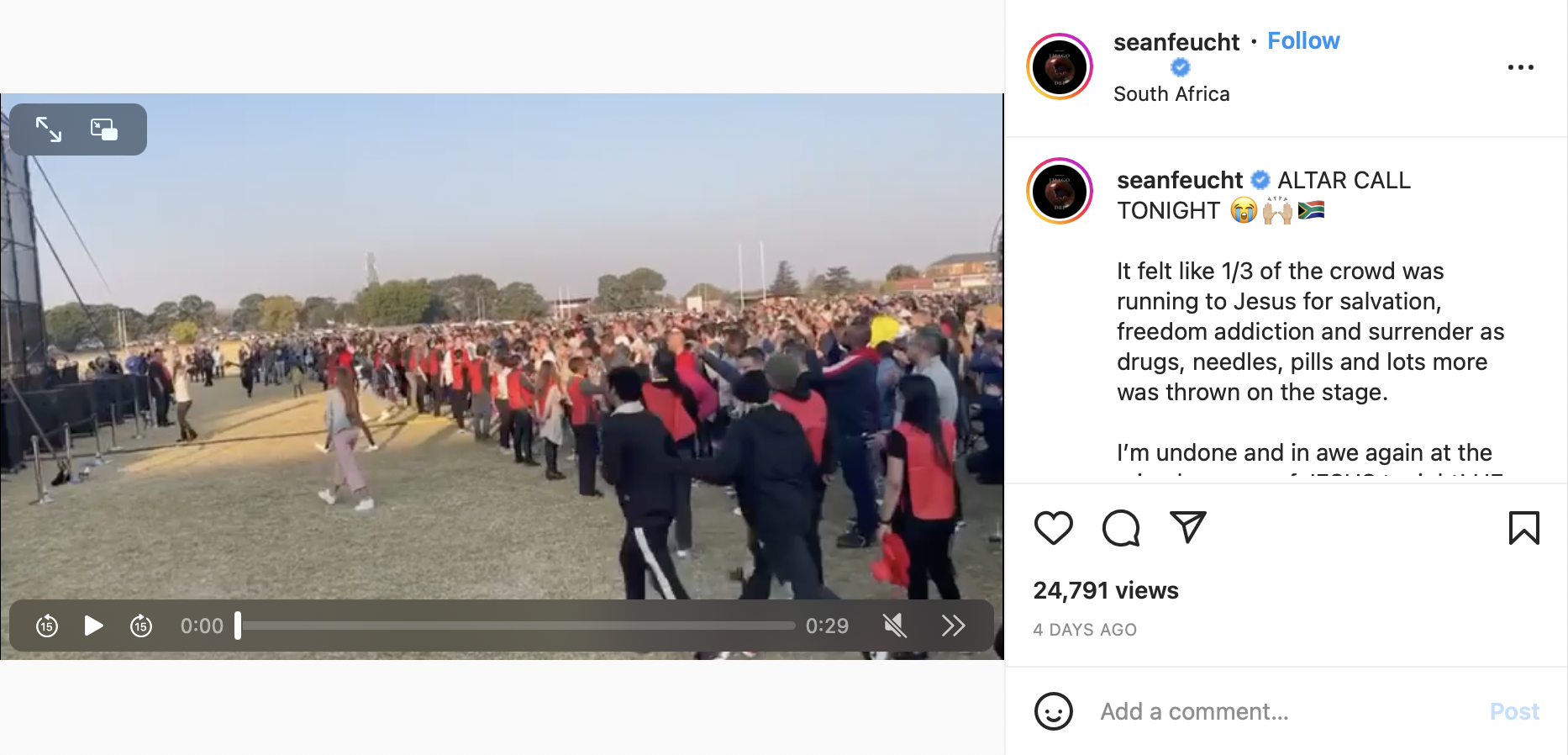 Sean Feucht Instagram, Feucht on the South Africa Let Us Worship event