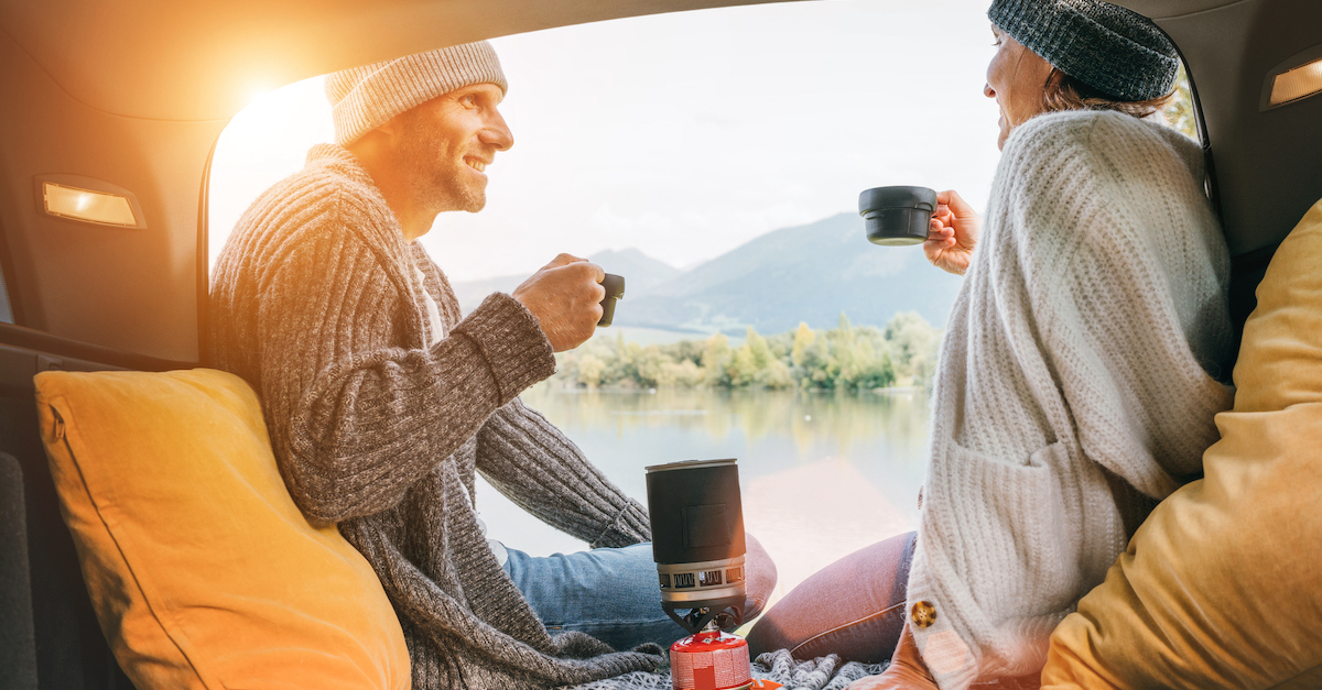 Cozy couple fall date with coffee