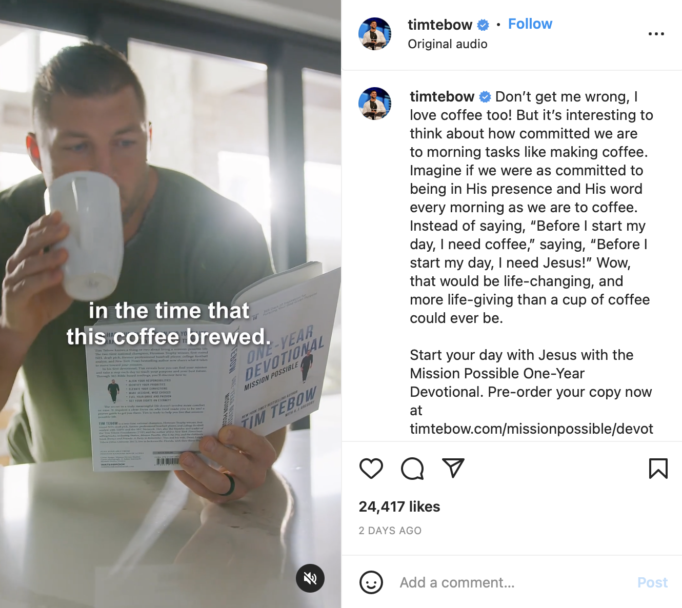 Tim Tebow drinking coffee and reading devotional