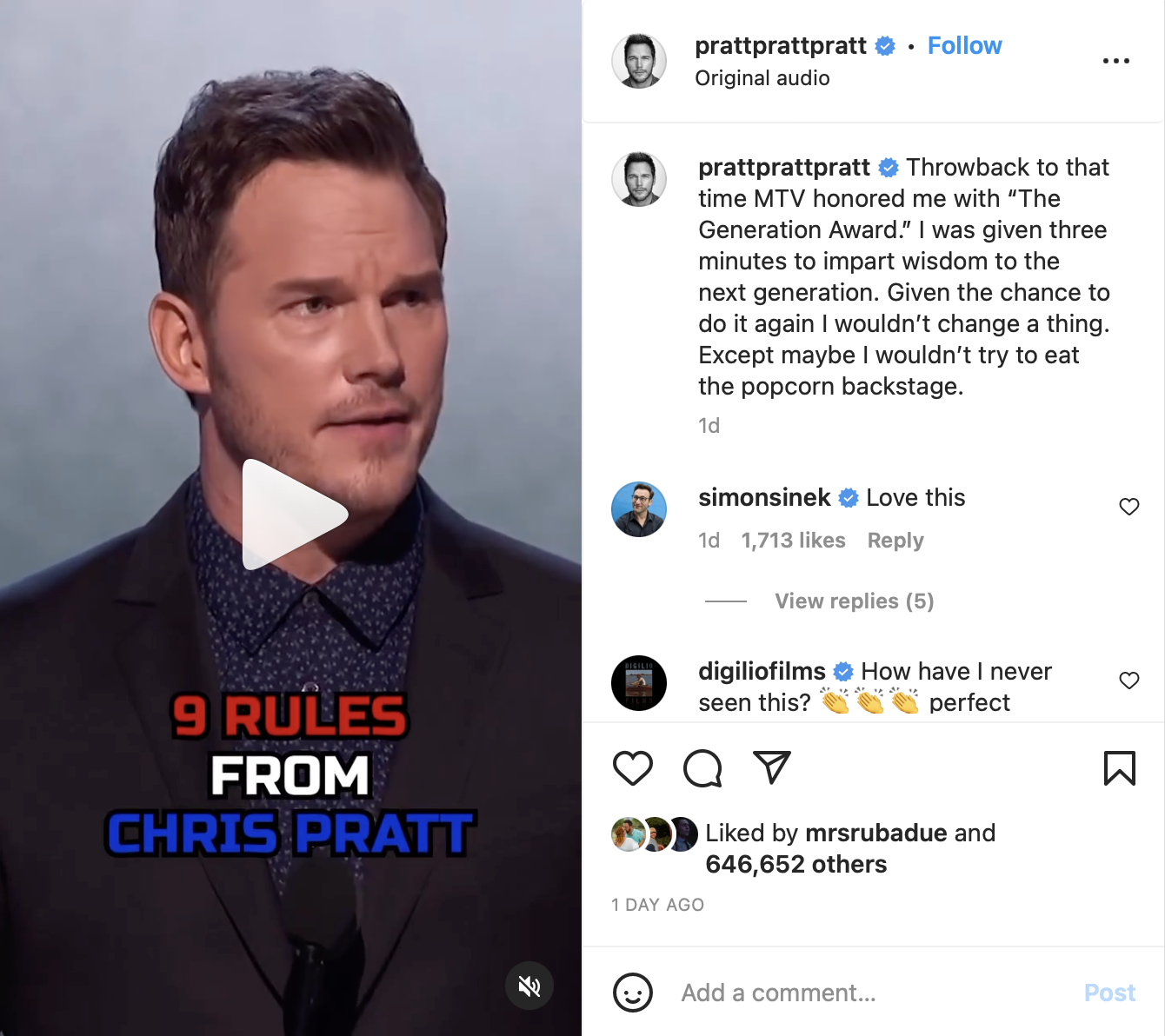 Chris Pratt stands behind his 2018 MTV award speech