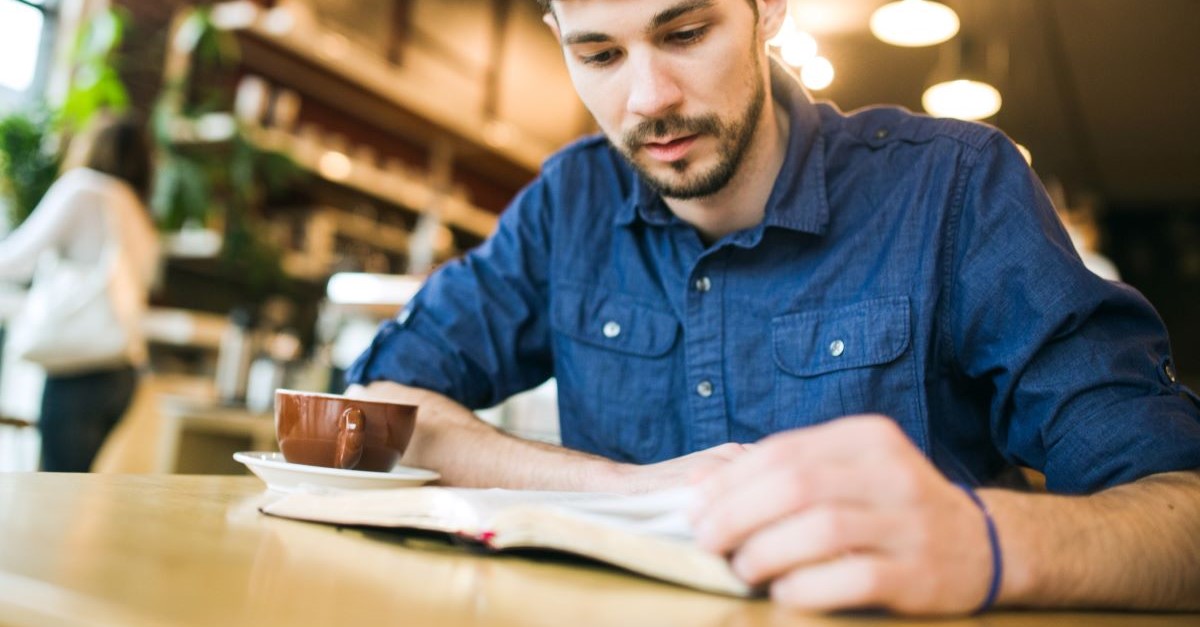 man bible study reading coffee shop read guidance focus
