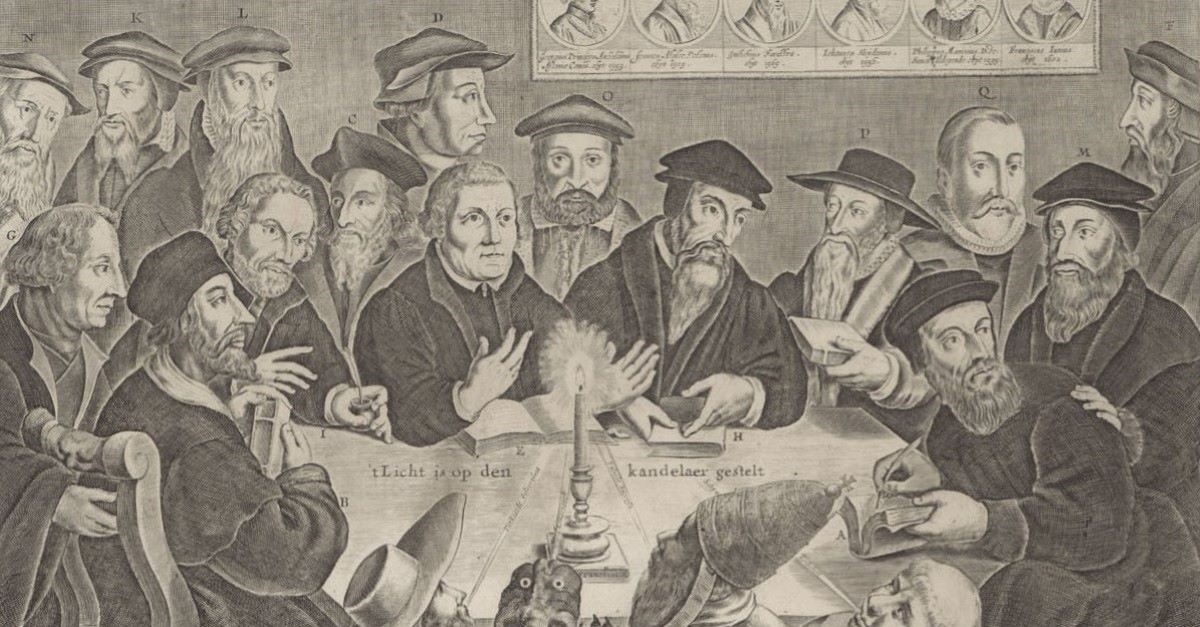 illustration of all the Protestant Reformers together at one table