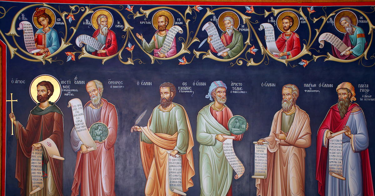 Greek Fresco painting with Apostles and Disciples of Jesus, easter sunday