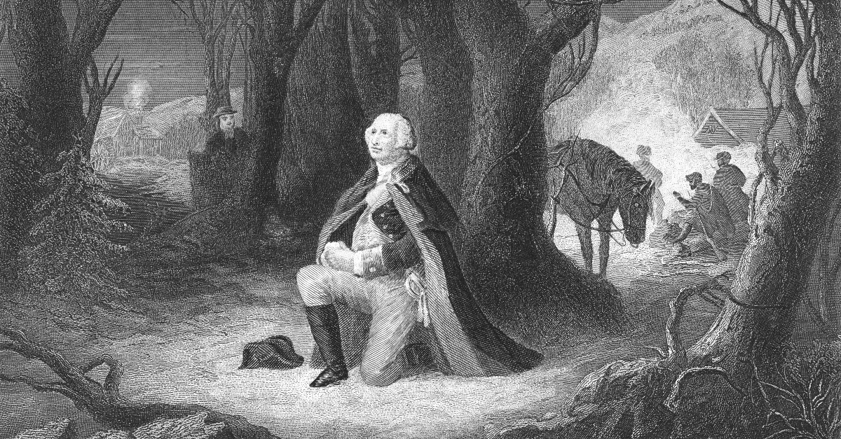 Old drawing of George Washington praying at Valley Forge