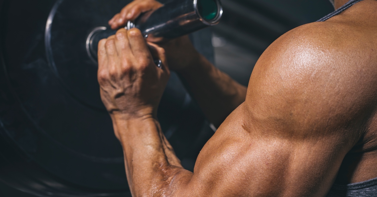 Close-up shot of a mans large arm muscles