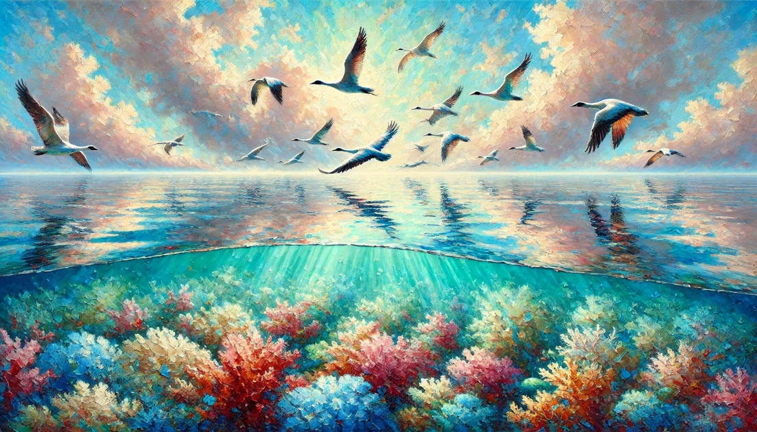 Birds flying over water