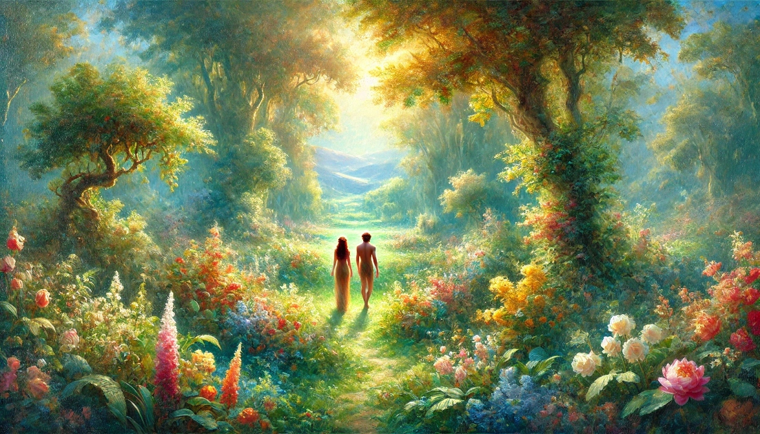 Man and Woman walking through a garden