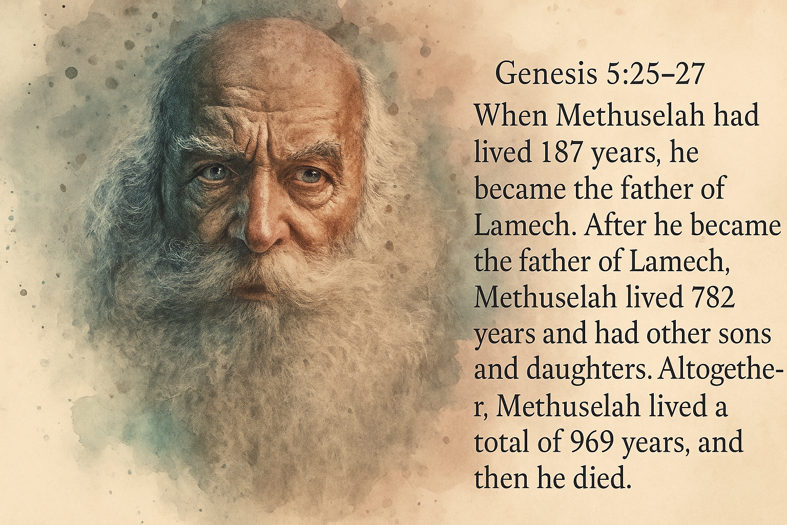 A watercolor-style digital portrait of an elderly man with a long white beard and intense eyes, representing Methuselah. To the right of his face is the Bible verse Genesis 5:25–27, which reads: “When Methuselah had lived 187 years, he became the father of Lamech. After he became the father of Lamech, Methuselah lived 782 years and had other sons and daughters. Altogether, Methuselah lived a total of 969 years, and then he died.” The background features soft, earthy tones with textured brush strokes for an ancient, contemplative feel.