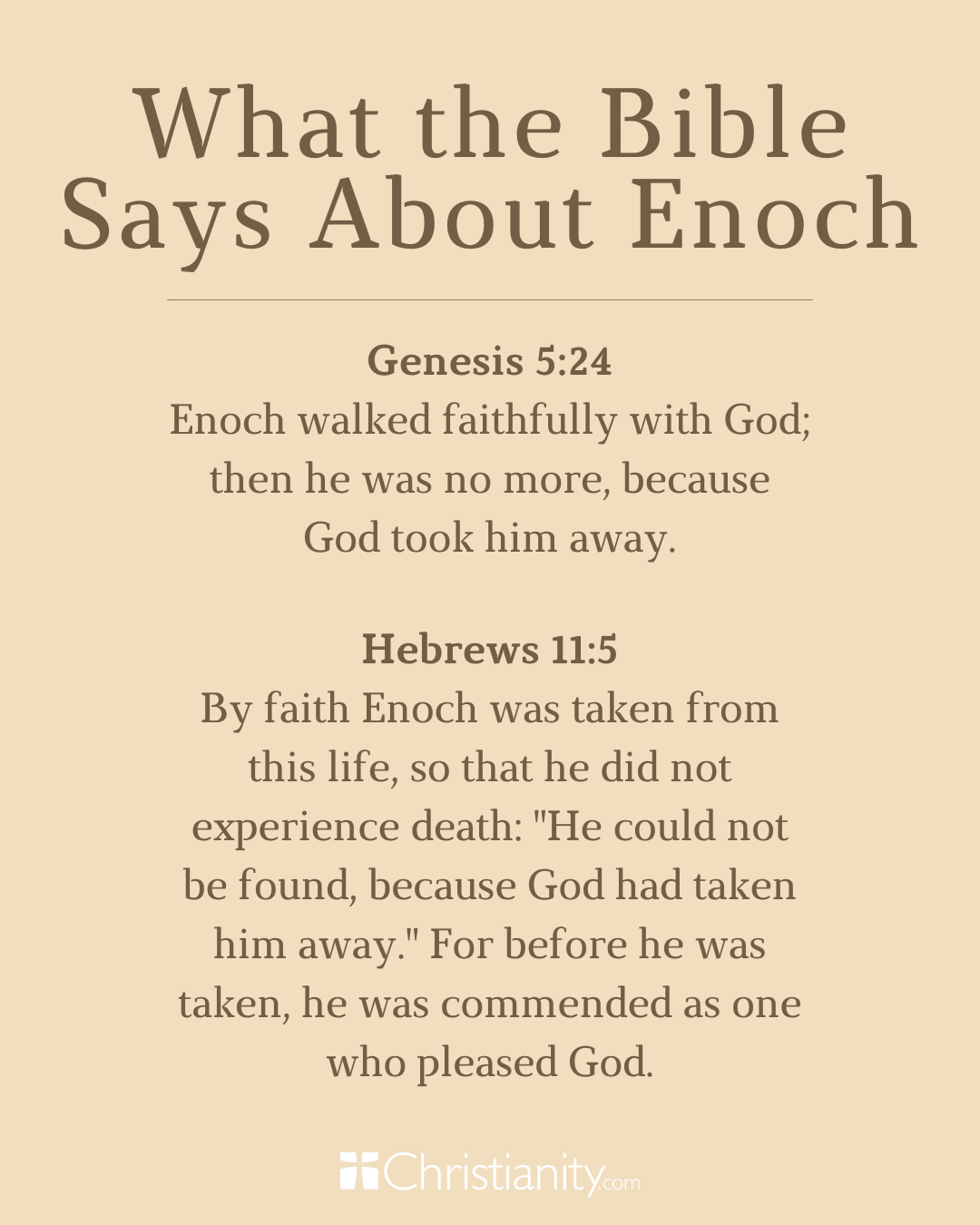 A beige-toned graphic titled “What the Bible Says About Enoch” featuring two Bible verses. The first, Genesis 5:24, reads: “Enoch walked faithfully with God; then he was no more, because God took him away.” The second, Hebrews 11:5, says: “By faith Enoch was taken from this life, so that he did not experience death: ‘He could not be found, because God had taken him away.’ For before he was taken, he was commended as one who pleased God.”