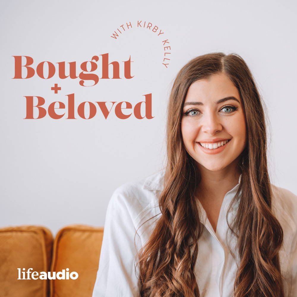 Podcast cover for Bought + Beloved with Kirby Kelly featuring a smiling woman with long brown hair in a white blouse sitting on a tan couch. The podcast title is written in elegant red text on a light background, with the LifeAudio logo in the bottom left corner