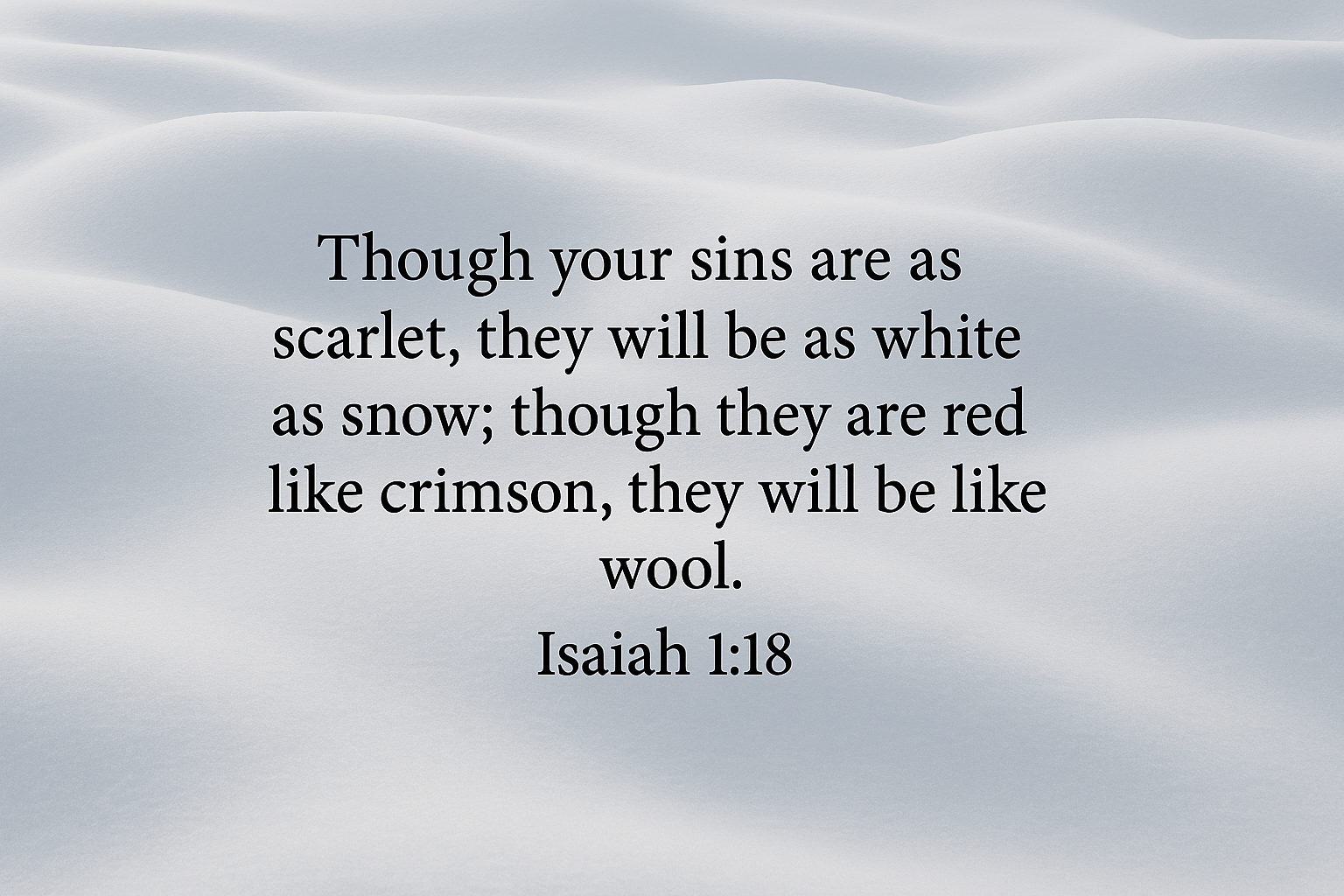 A wide image of soft snowdrifts with Isaiah 1:18 in black serif text: “Though your sins are as scarlet, they will be as white as snow; though they are red like crimson, they will be like wool.”