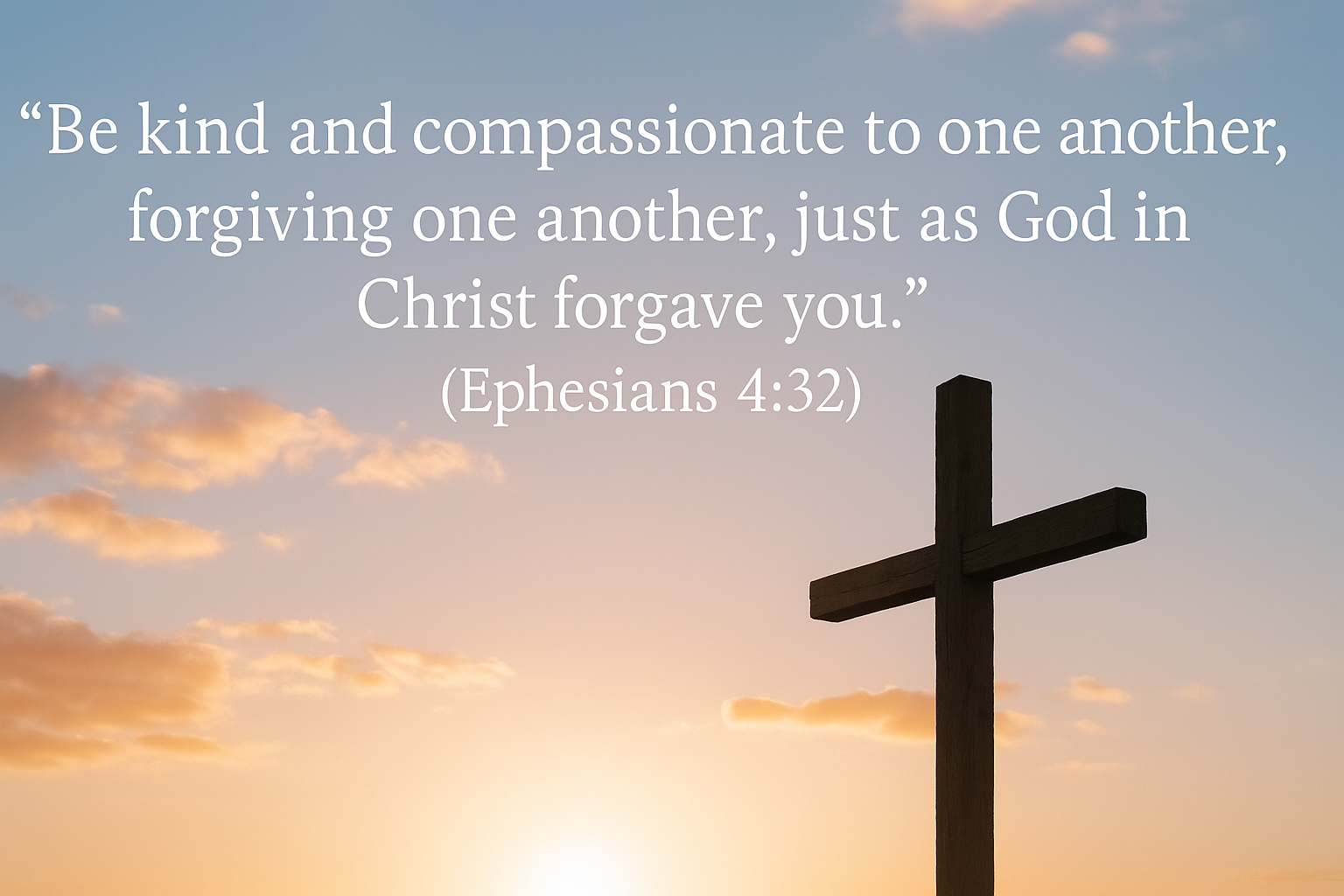 A wooden cross stands on a hill at sunrise, silhouetted against a sky filled with soft clouds. Overlaid text reads: “Be kind and compassionate to one another, forgiving one another, just as Christ in God forgave you.” (Ephesians 4:32)