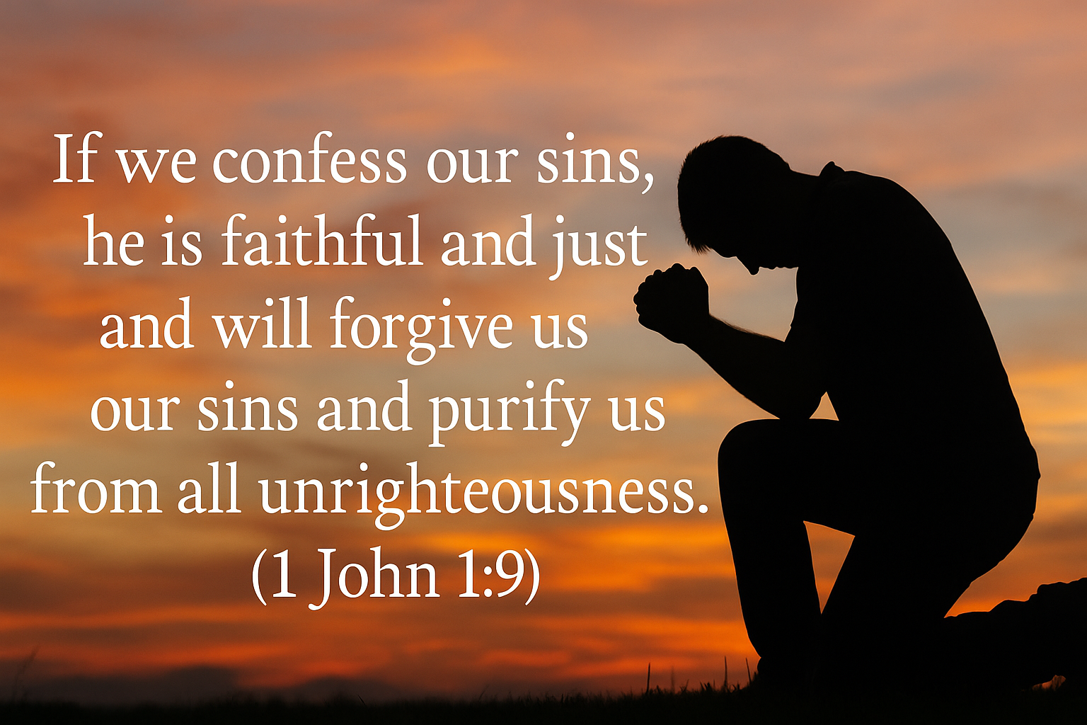 A man kneels in prayer silhouetted against a vibrant sunset sky. Overlaid on the image is the Bible verse: “If we confess our sins, he is faithful and just and will forgive us our sins and purify us from all unrighteousness.” (1 John 1:9)