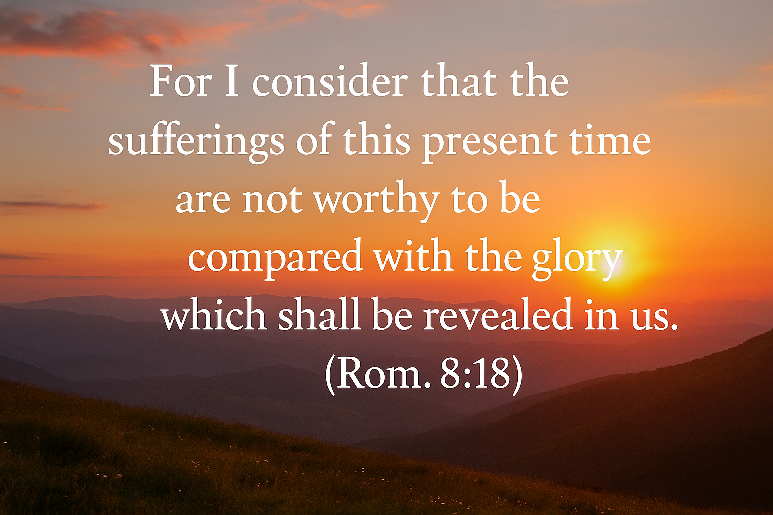 A scenic mountain landscape at sunset with soft, rolling hills in the distance and a glowing sun near the horizon. Overlaid in white text is the Bible verse: “For I consider that the sufferings of this present time are not worthy to be compared with the glory which shall be revealed in us.” (Rom. 8:18)