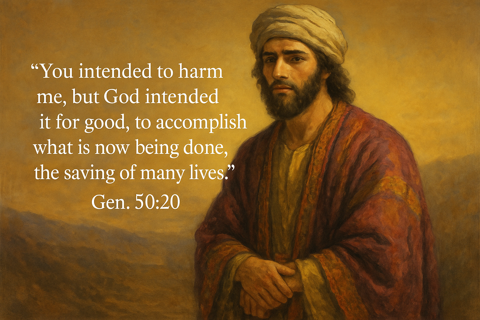 A traditional painting of Joseph from Genesis wearing a colorful robe, set against a warm, golden background. Overlaid text reads: “You intended to harm me, but God intended it for good, to accomplish what is now being done, the saving of many lives.” (Gen. 50:20)