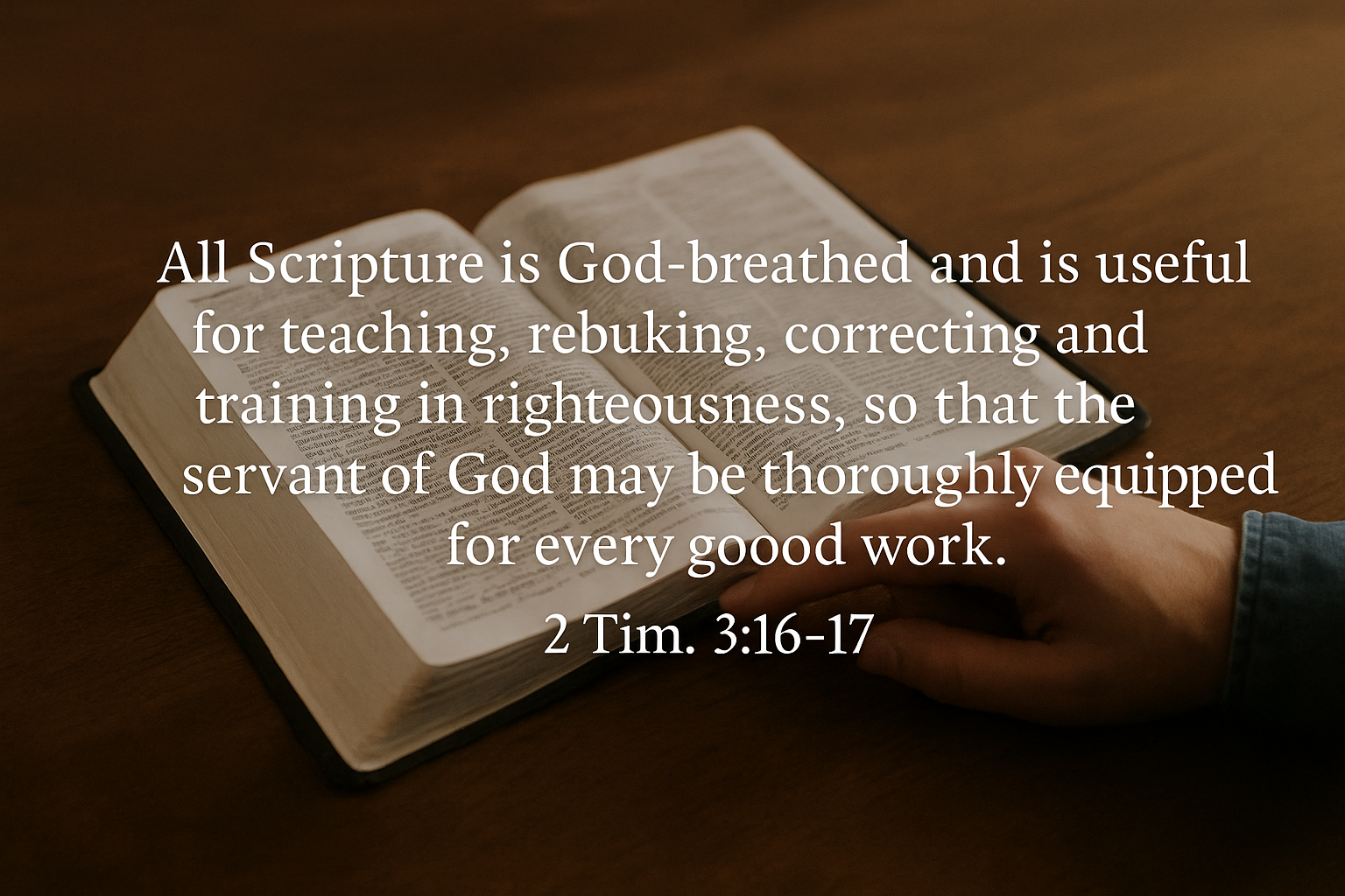 An open Bible rests on a wooden table with a person's hand on the page. Overlaid text reads: “All Scripture is God-breathed and is useful for teaching, rebuking, correcting and training in righteousness, so that the servant of God may be thoroughly equipped for every good work.” 2 Tim. 3:16-17.